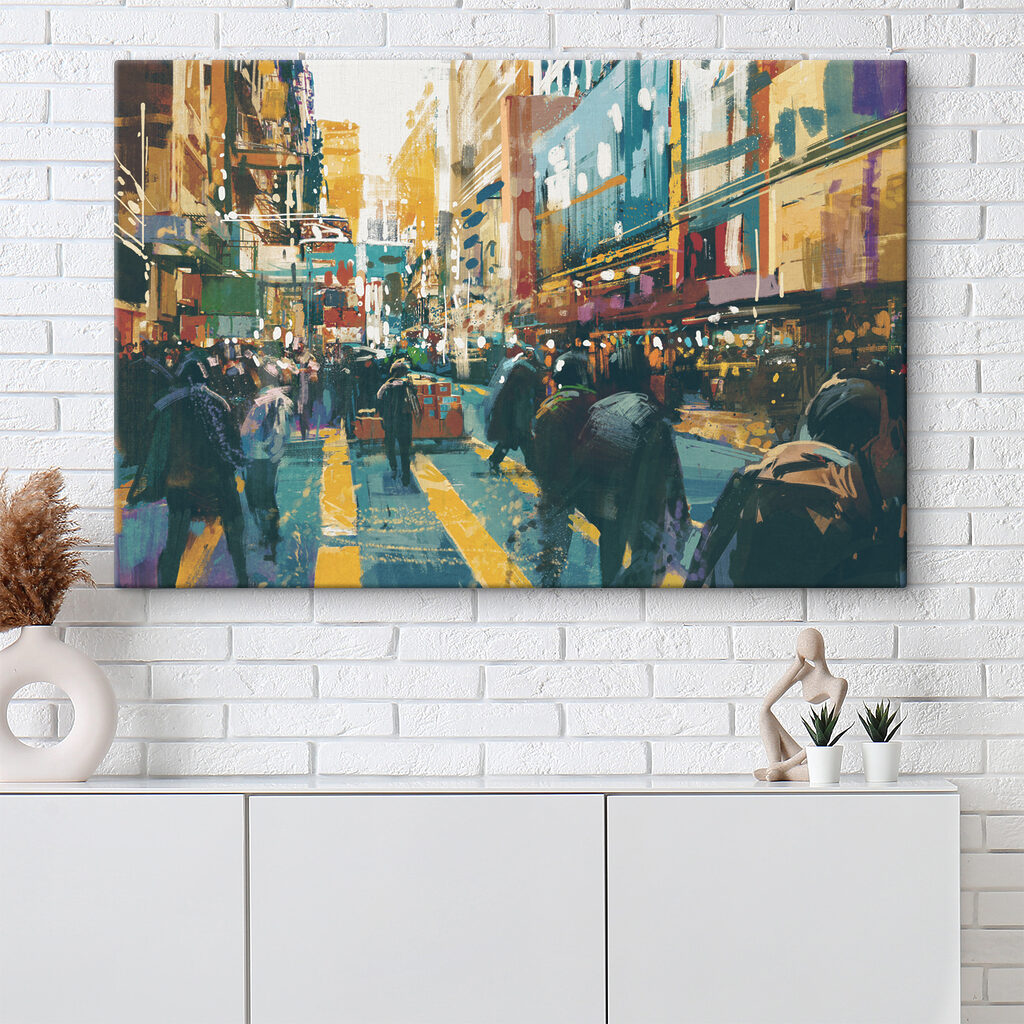 A group of people walking in a city