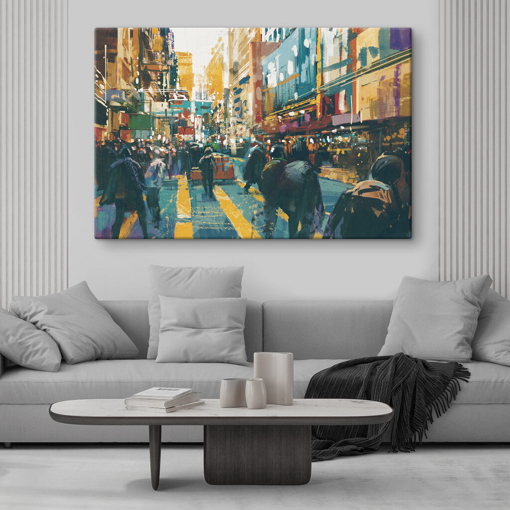 A group of people walking in a city