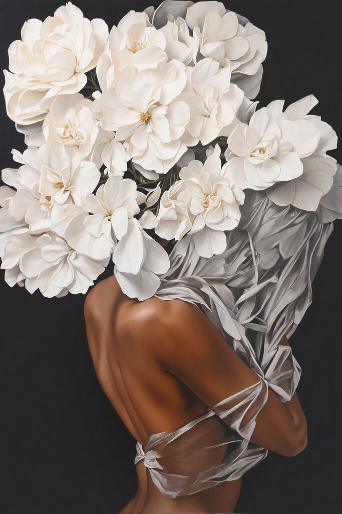 A woman with white flowers on her head A woman with white flowers on her head