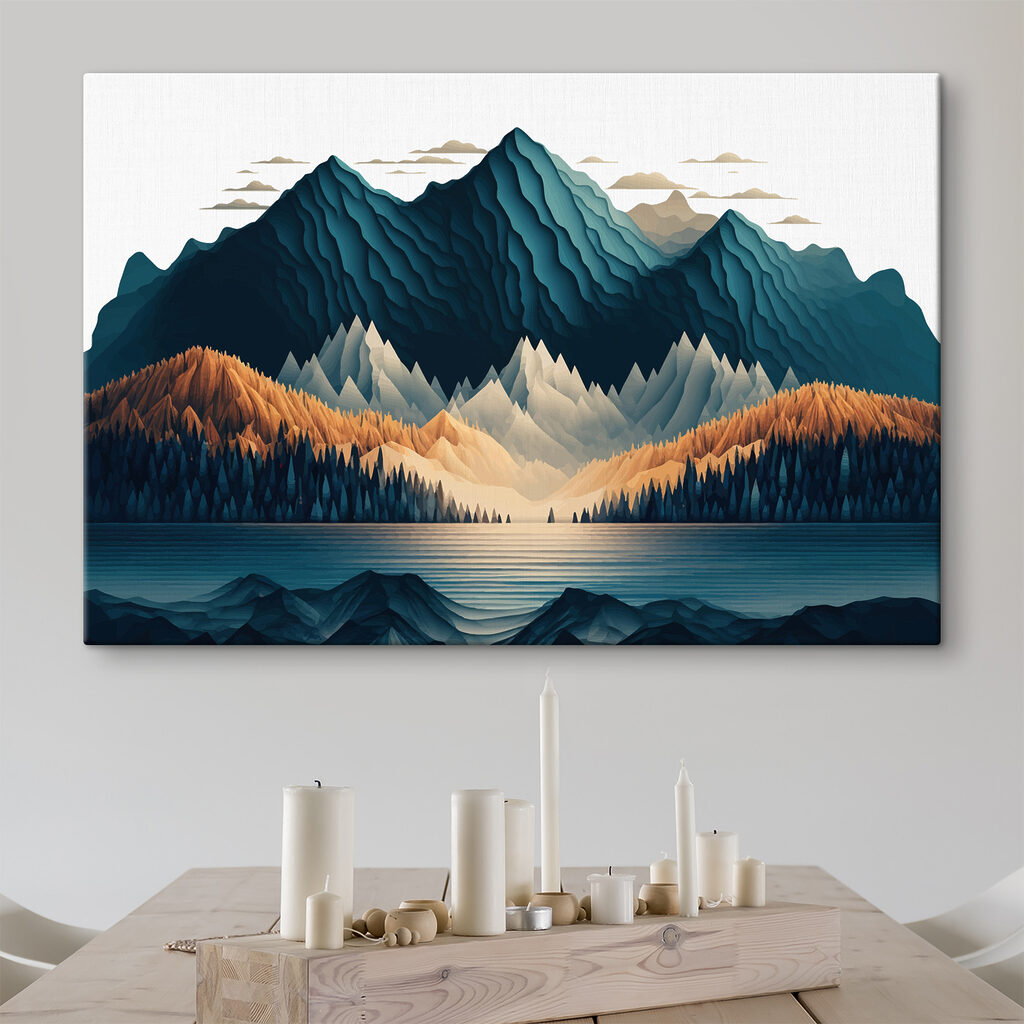 A mountain range with trees and a lake