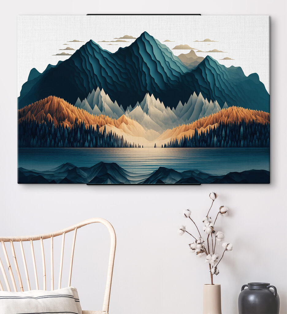 A mountain range with trees and a lake