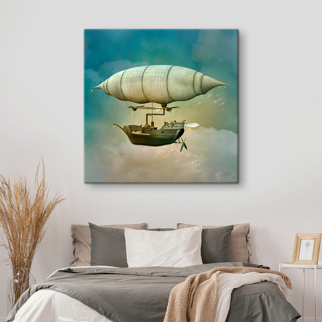 A steampunk airship in the sky