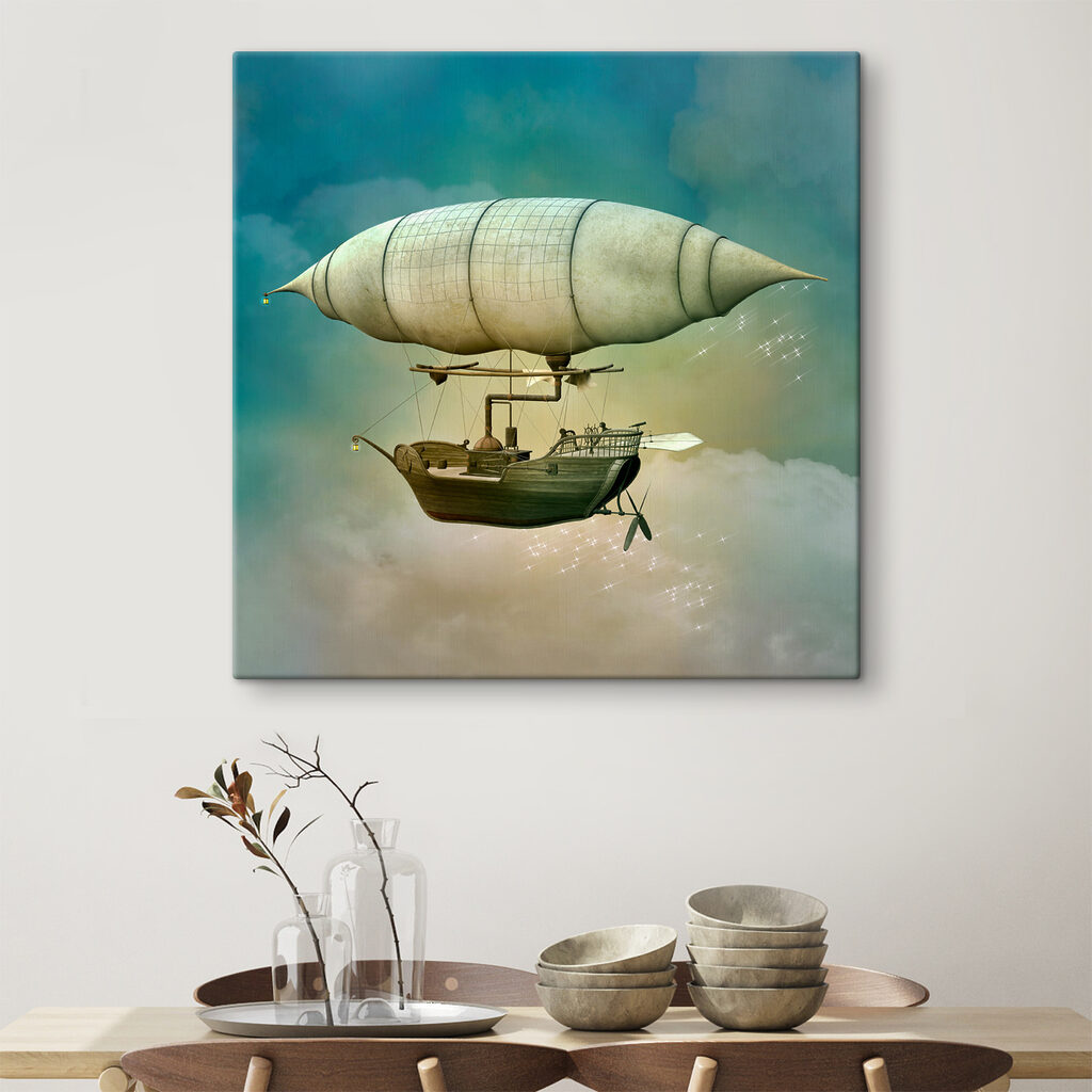 A steampunk airship in the sky