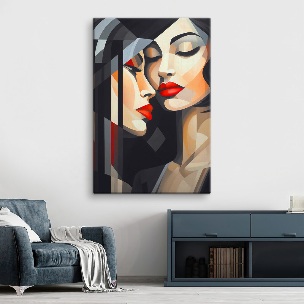 A painting of women with red lips