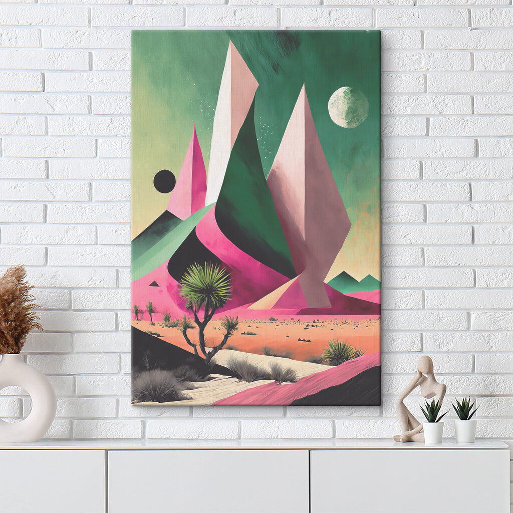 A desert landscape with trees and mountains