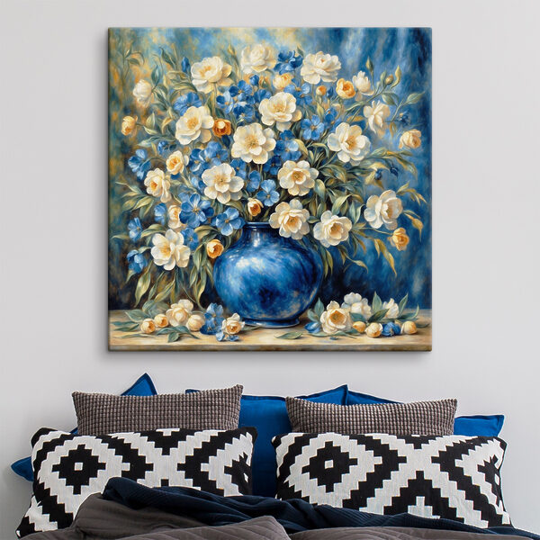 A painting of flowers in a blue vase