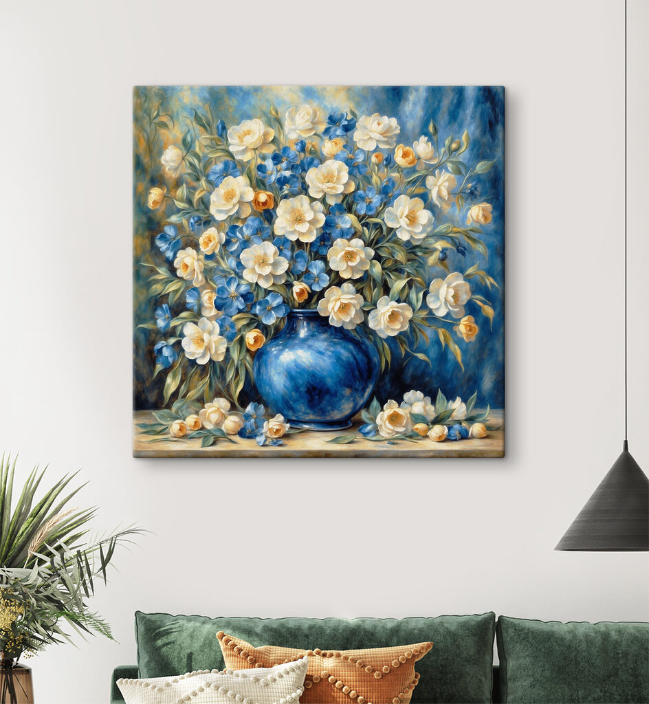 A painting of flowers in a blue vase