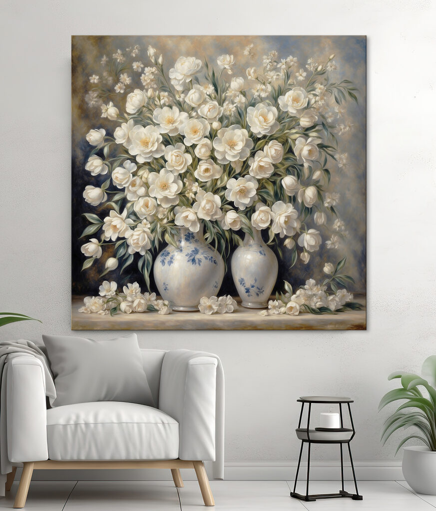 A painting of white flowers in vases A painting of white flowers in vases
