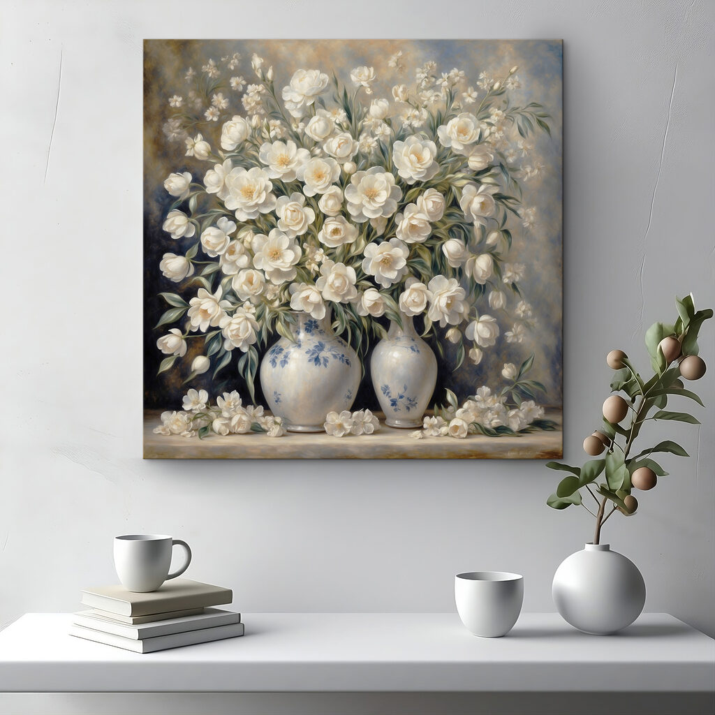 A painting of white flowers in vases A painting of white flowers in vases