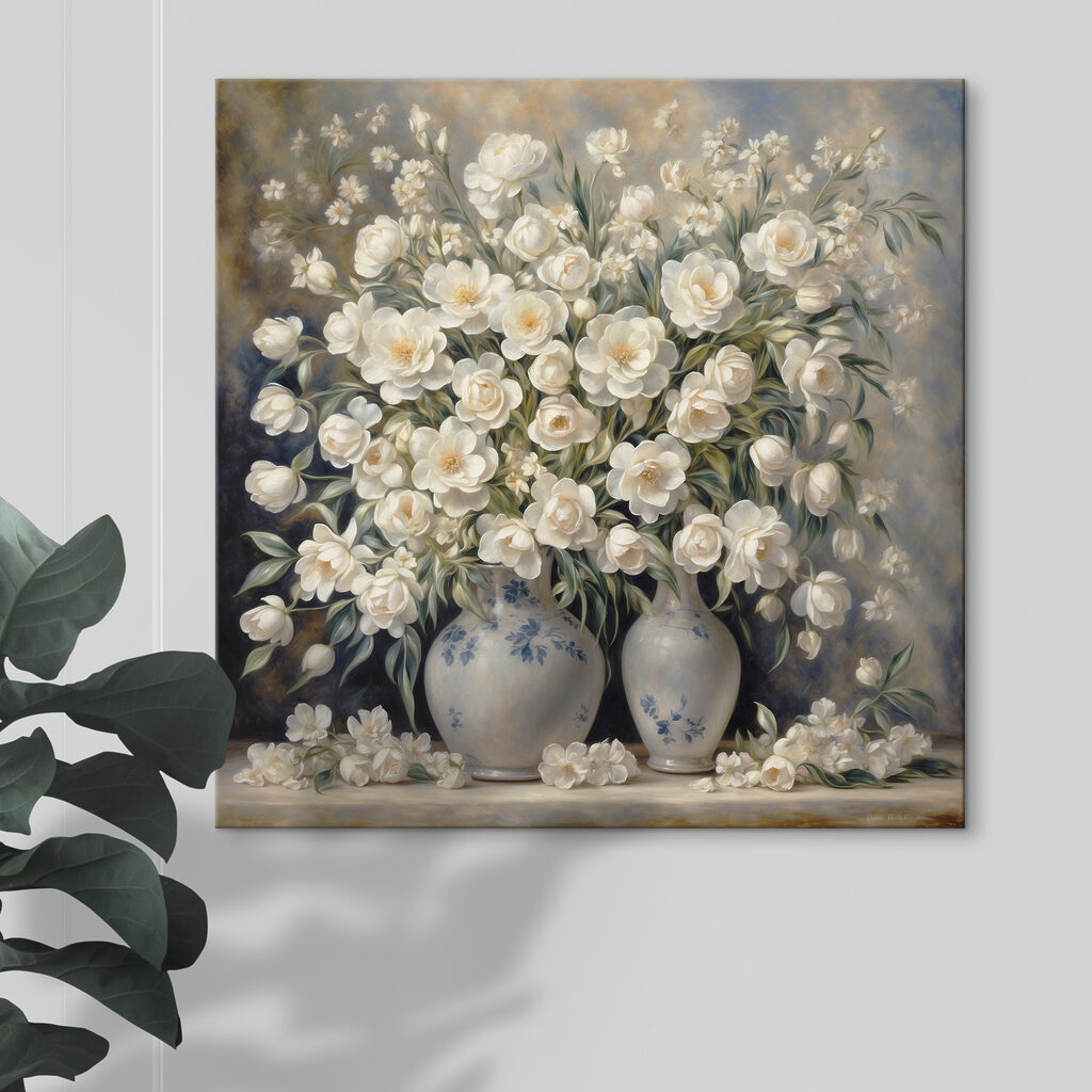 A painting of white flowers in vases A painting of white flowers in vases
