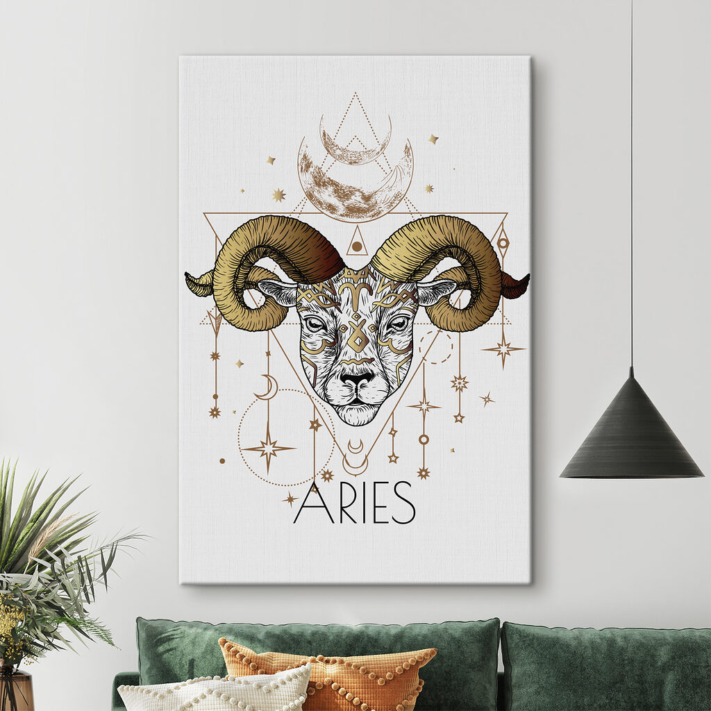 A drawing of a ram with a moon and stars