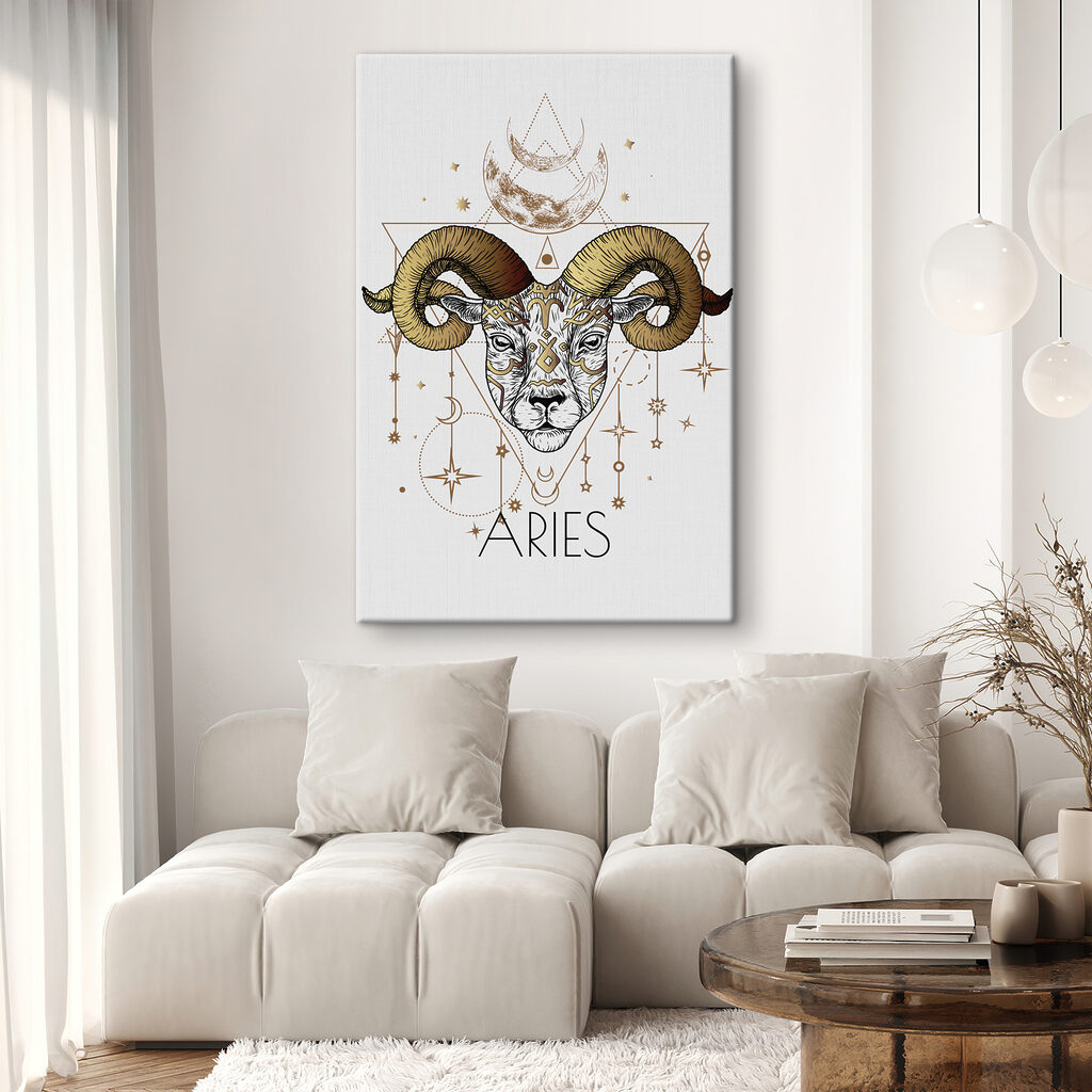 A drawing of a ram with a moon and stars