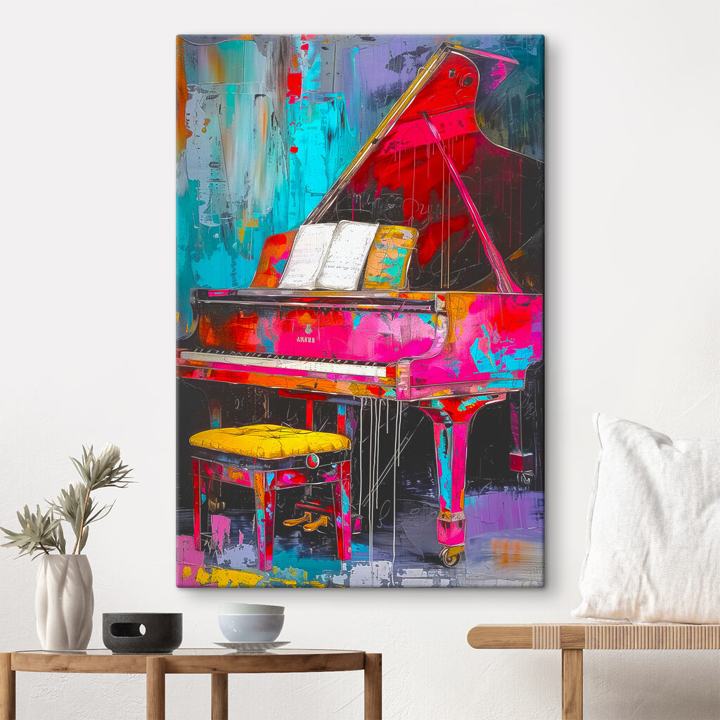 A pink piano with a stool