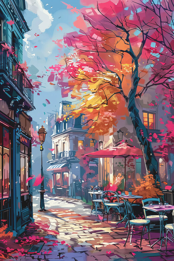 A street with tables and chairs and umbrellas A street with tables and chairs and umbrellas