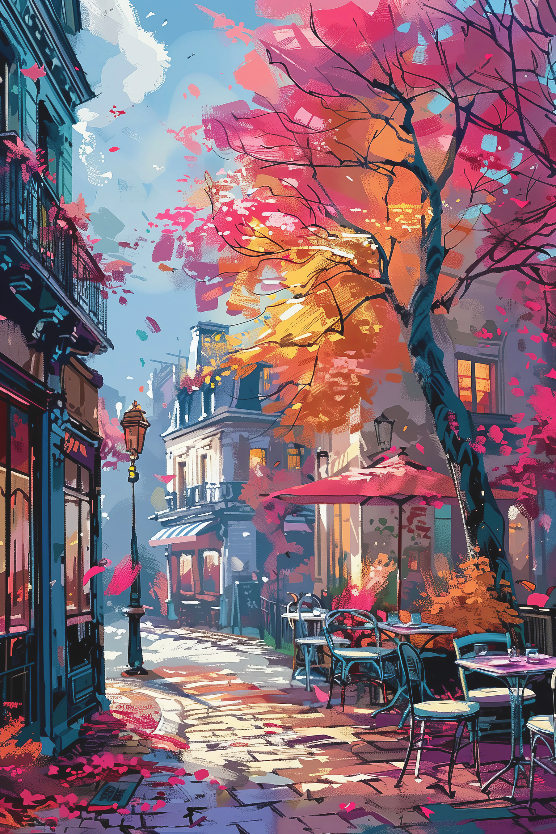 A street with tables and chairs and umbrellas