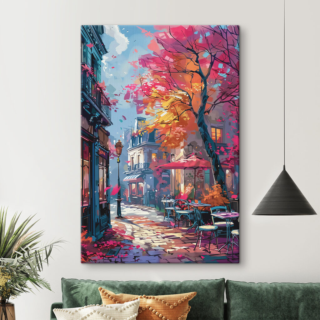 A street with tables and chairs and umbrellas A street with tables and chairs and umbrellas