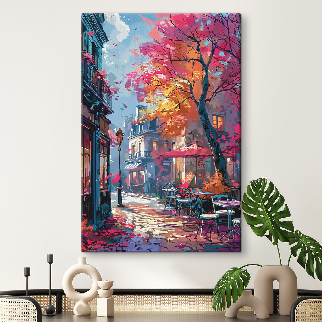 A street with tables and chairs and umbrellas A street with tables and chairs and umbrellas