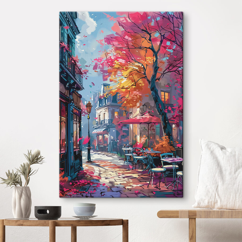 A street with tables and chairs and umbrellas A street with tables and chairs and umbrellas