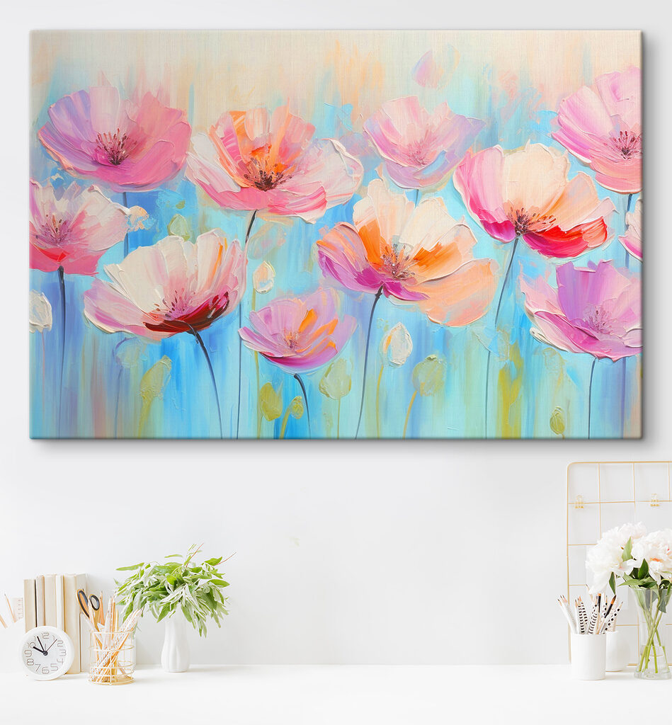 A painting of pink flowers