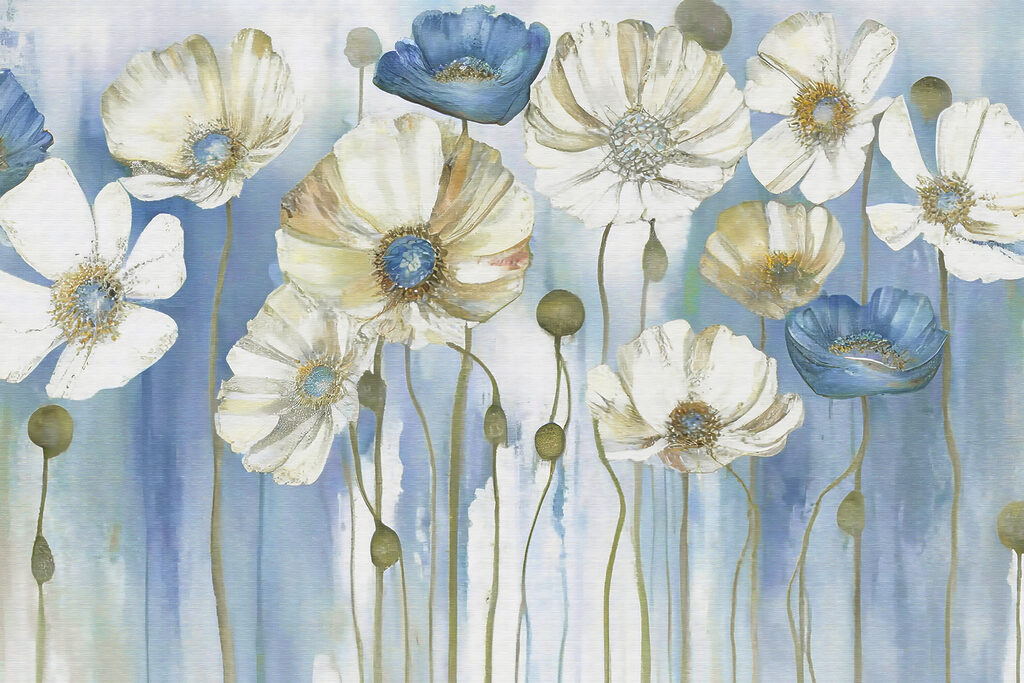 A painting of white and blue flowers