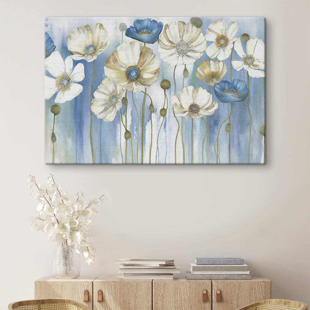 A painting of white and blue flowers