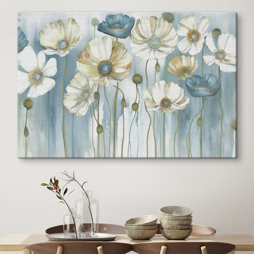 A painting of white and blue flowers
