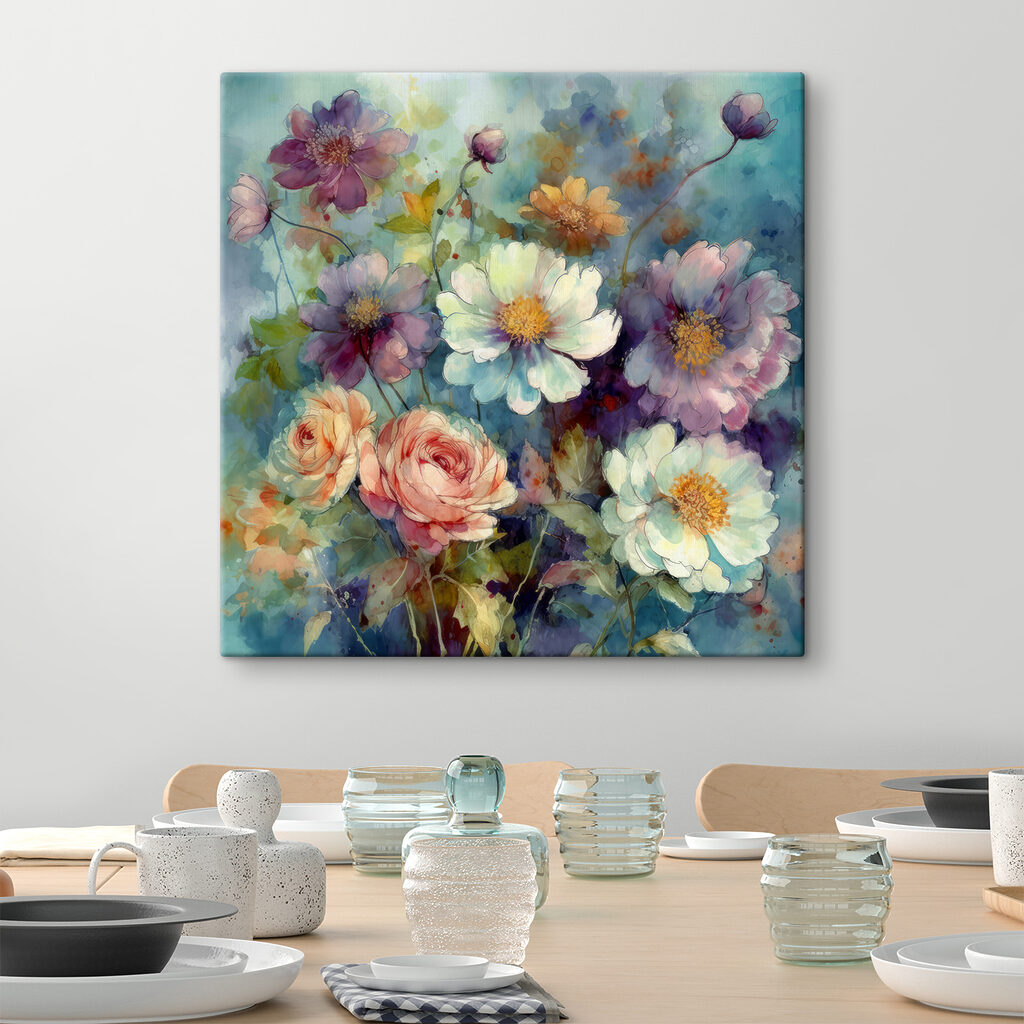 A painting of flowers on a blue background