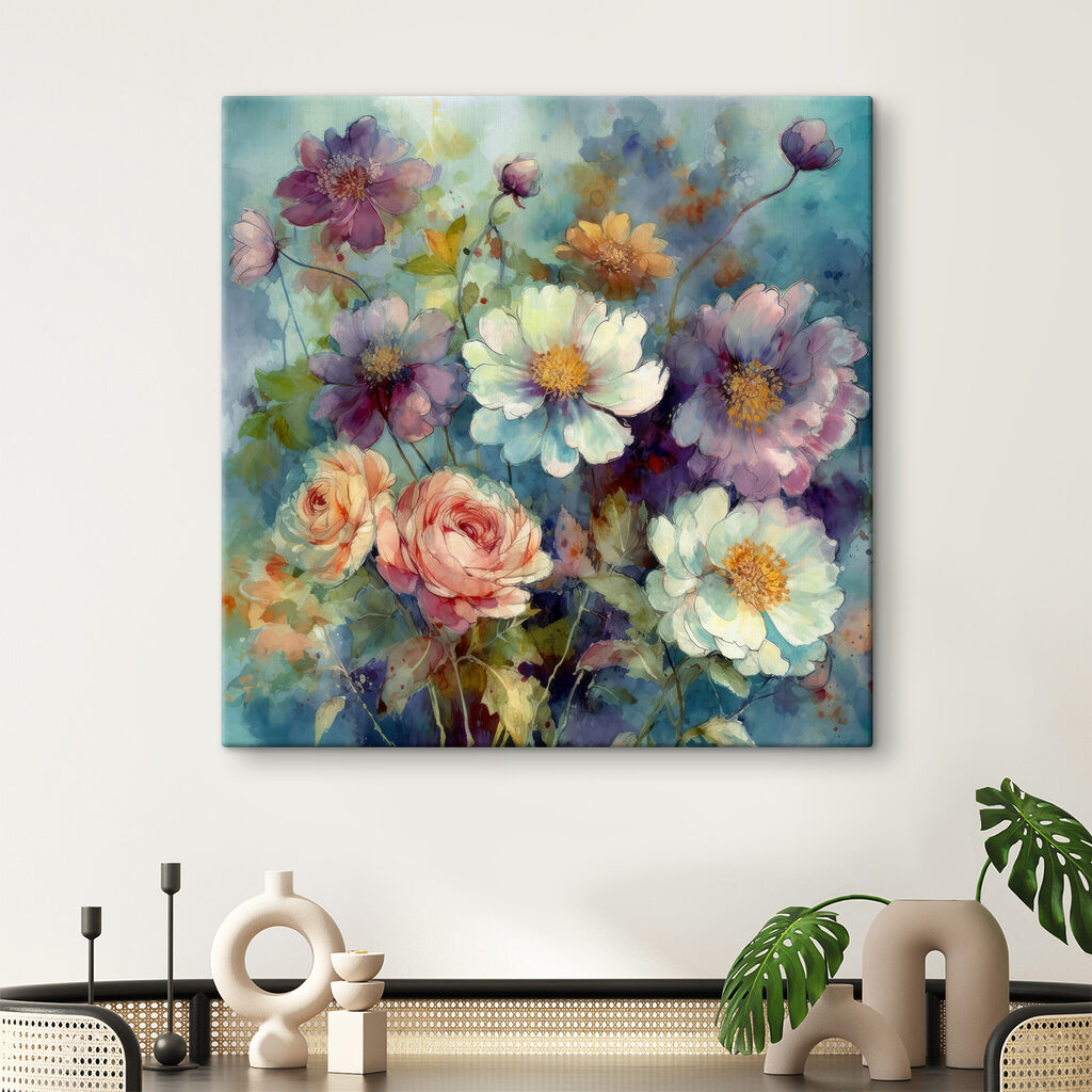 A painting of flowers on a blue background