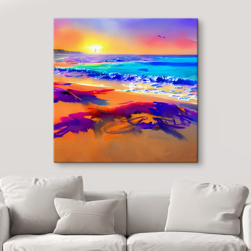 A colorful beach with waves and a sunset