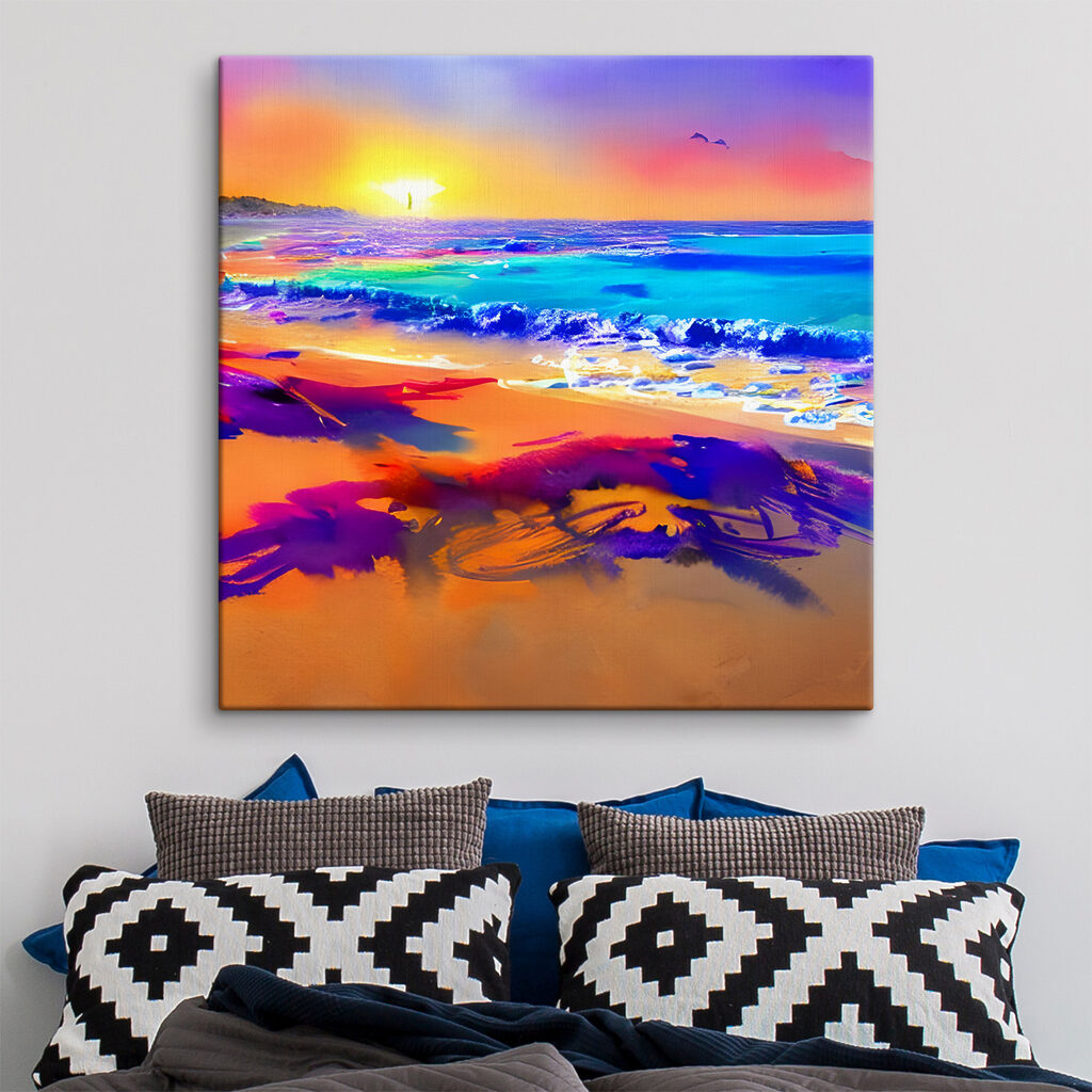 A colorful beach with waves and a sunset
