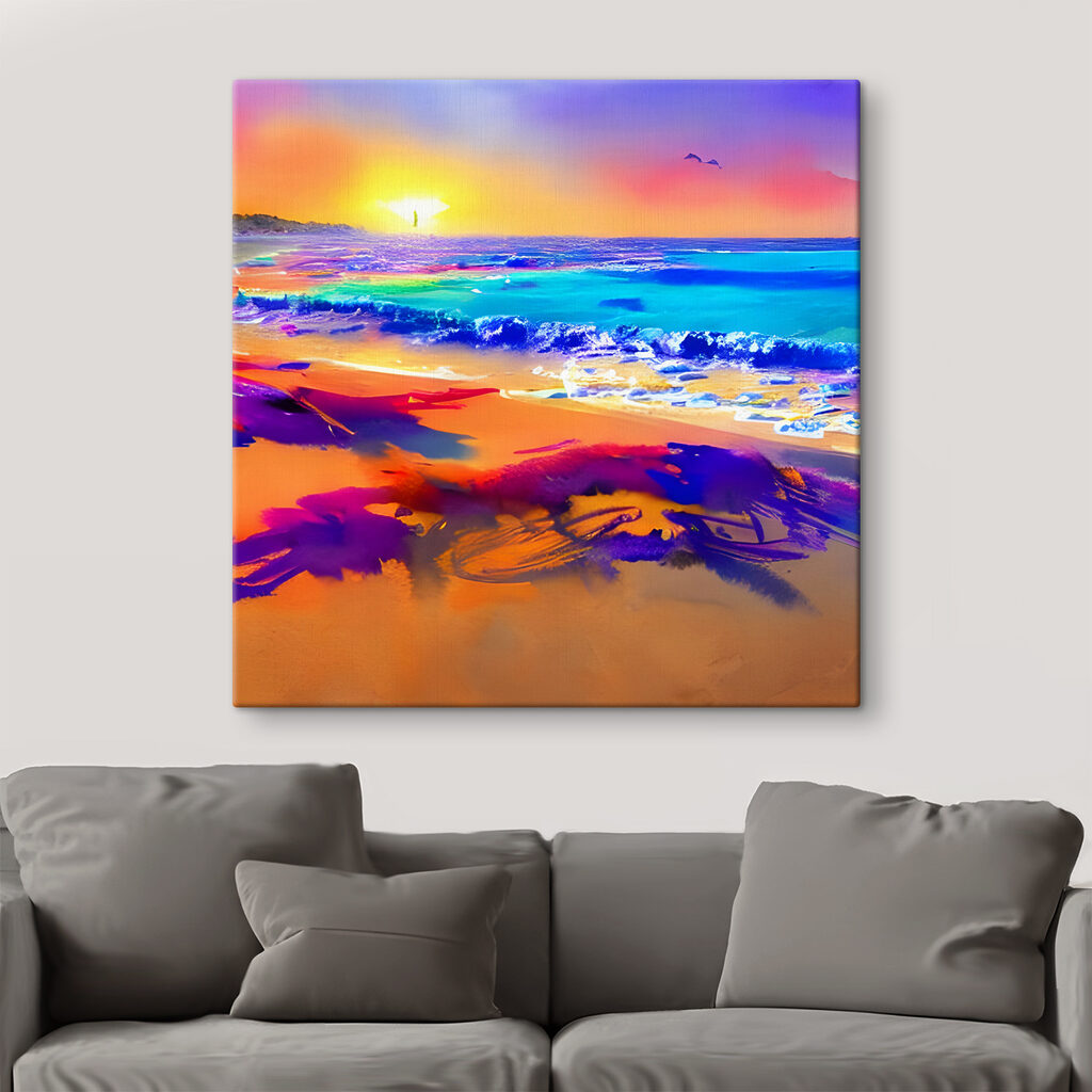 A colorful beach with waves and a sunset