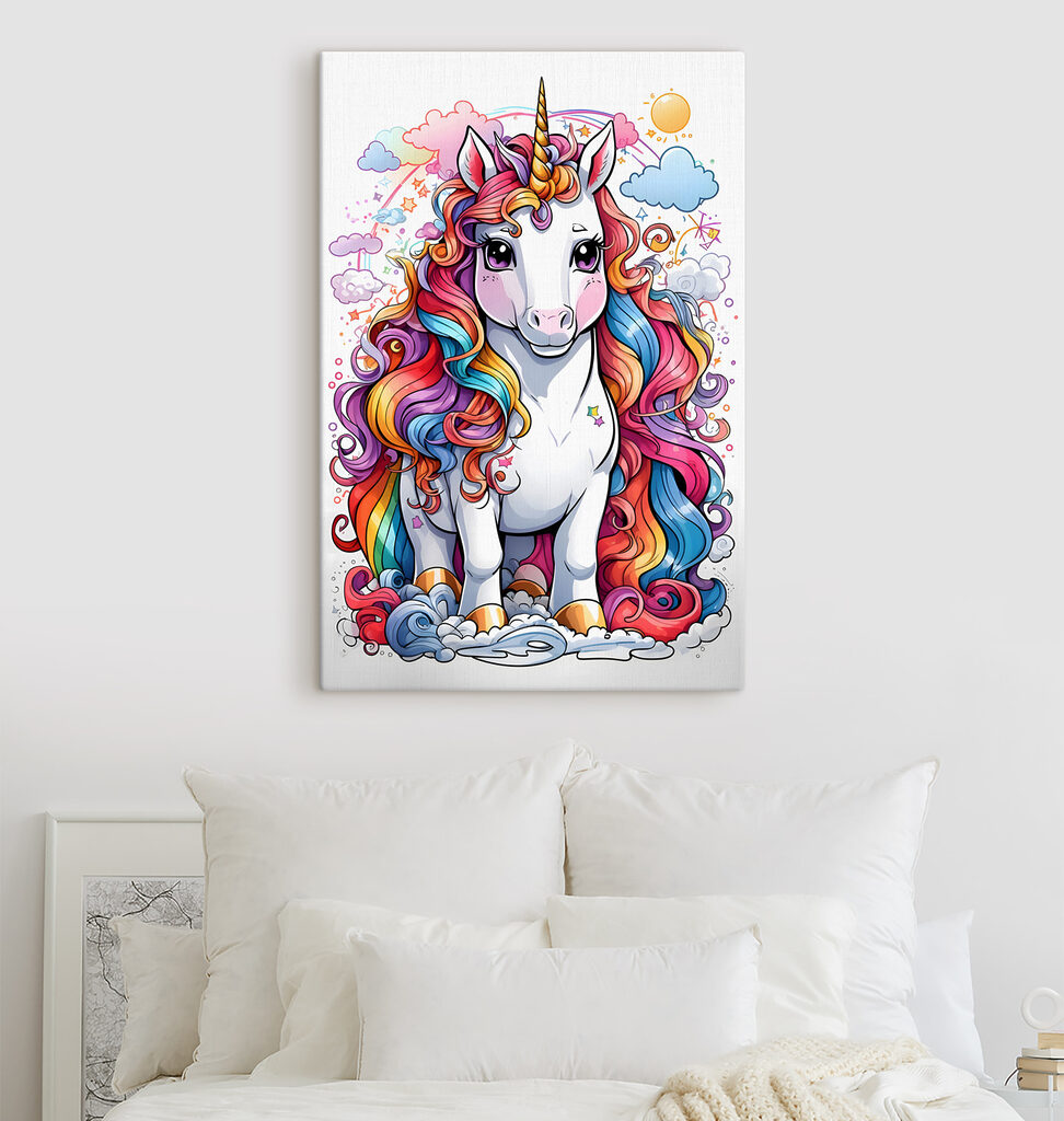 A cartoon unicorn with rainbow hair