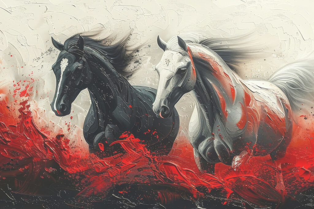 A painting of horses running with red paint