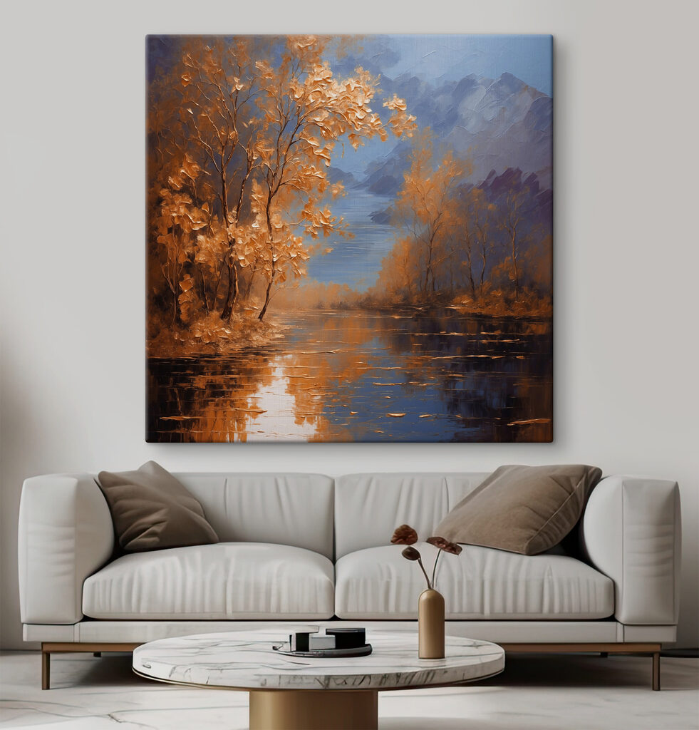 A painting of trees and water