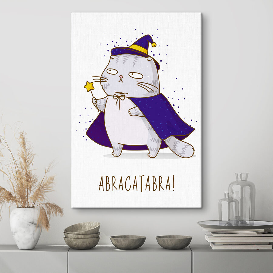Karikatúra mačky v čarodejníckom odeve