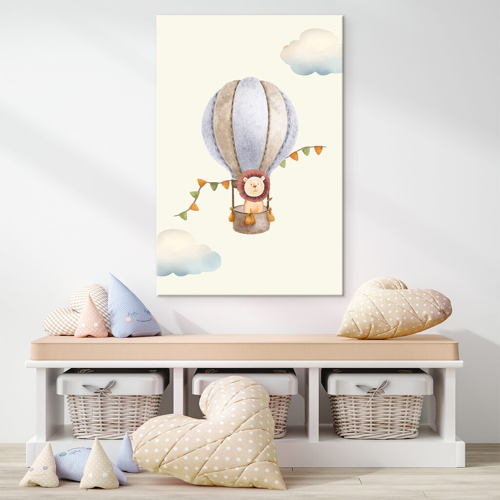 A lion in a hot air balloon