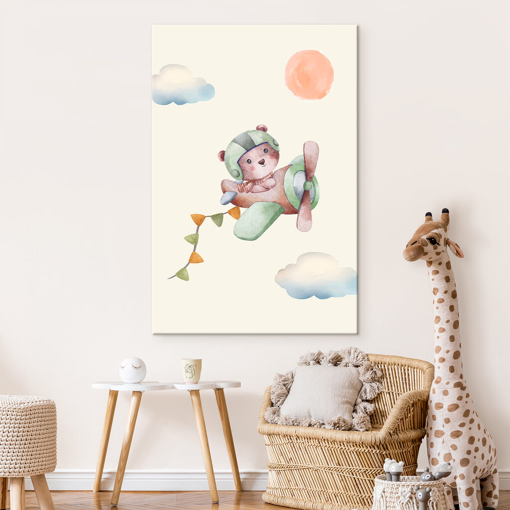 A watercolor painting of a teddy bear in a plane A watercolor painting of a teddy bear in a plane