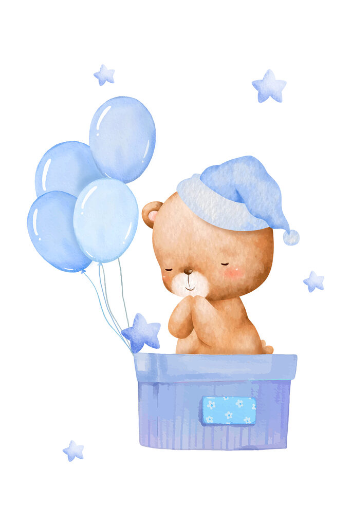 A teddy bear in a box with balloons A teddy bear in a box with balloons