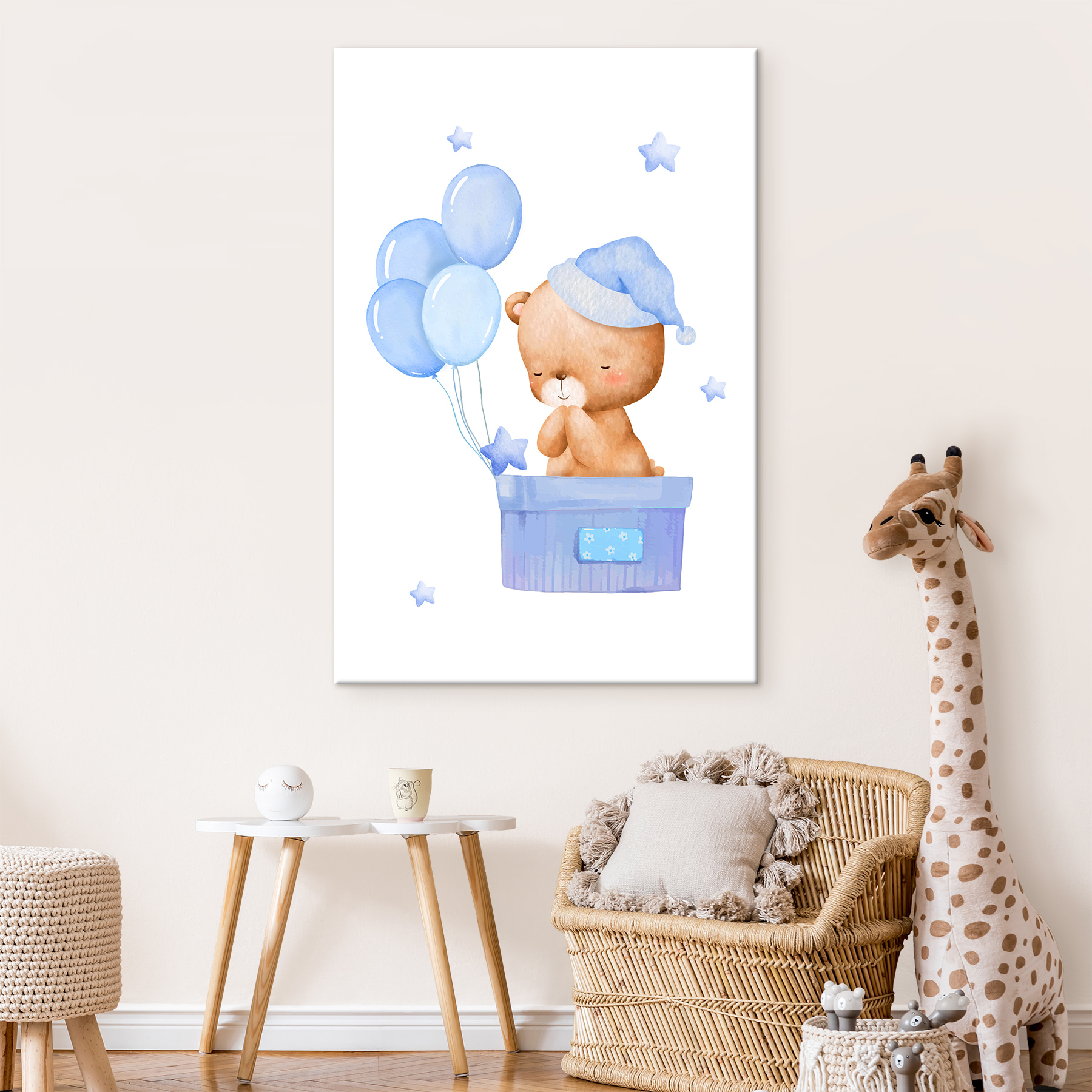 A teddy bear in a box with balloons A teddy bear in a box with balloons