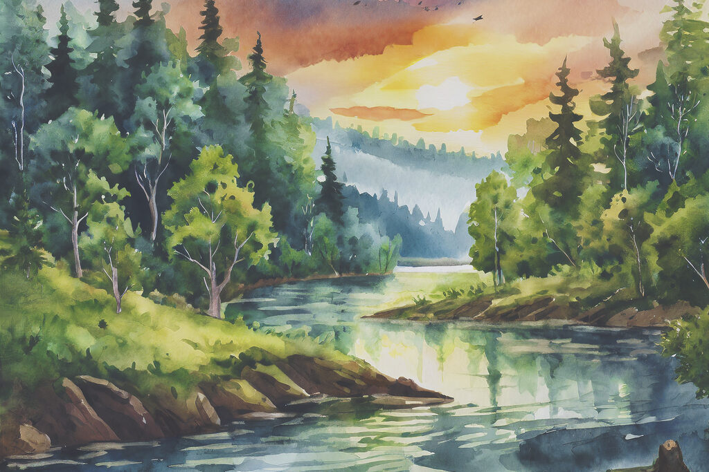 Watercolor painting of a river with trees and mountains in the background