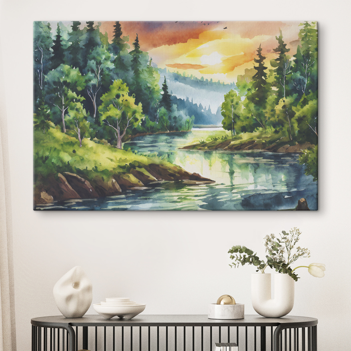 Watercolor painting of a river with trees and mountains in the background