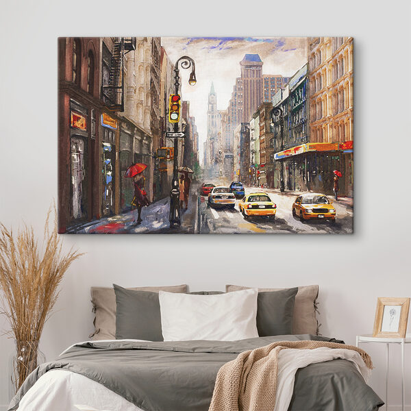 Akvarel mestskej ulice s autami a ľuďmi Akvarel mestskej ulice s autami a ľuďmi