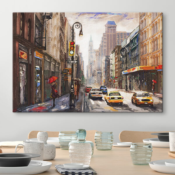 Akvarel mestskej ulice s autami a ľuďmi Akvarel mestskej ulice s autami a ľuďmi