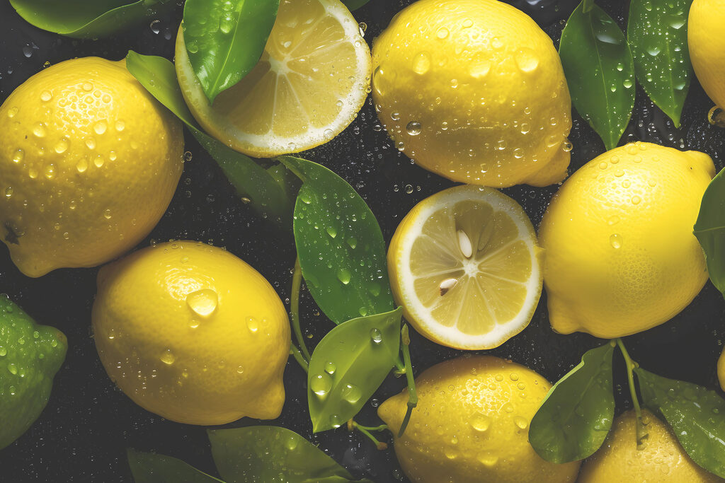 A group of lemons with leaves A group of lemons with leaves