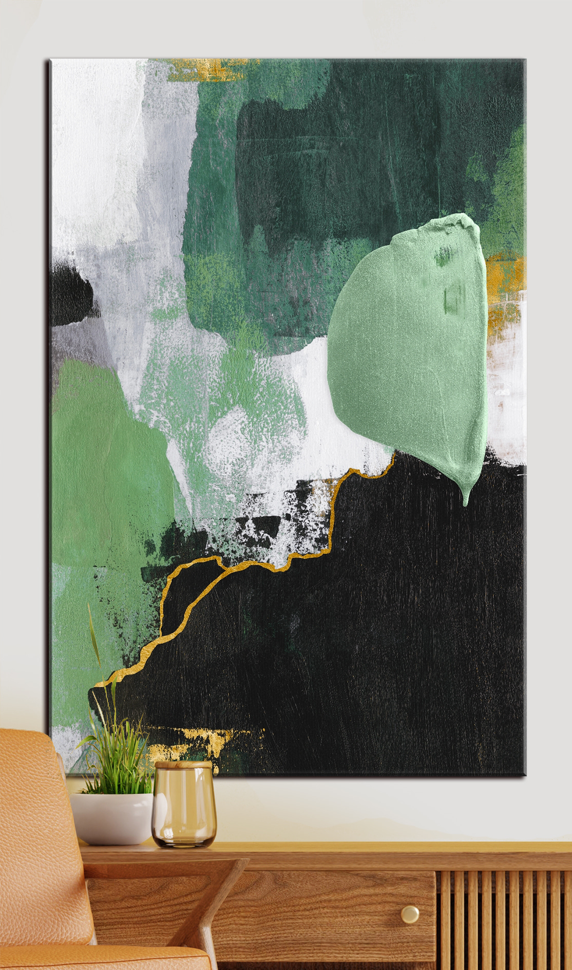 A painting of green and white A painting of green and white