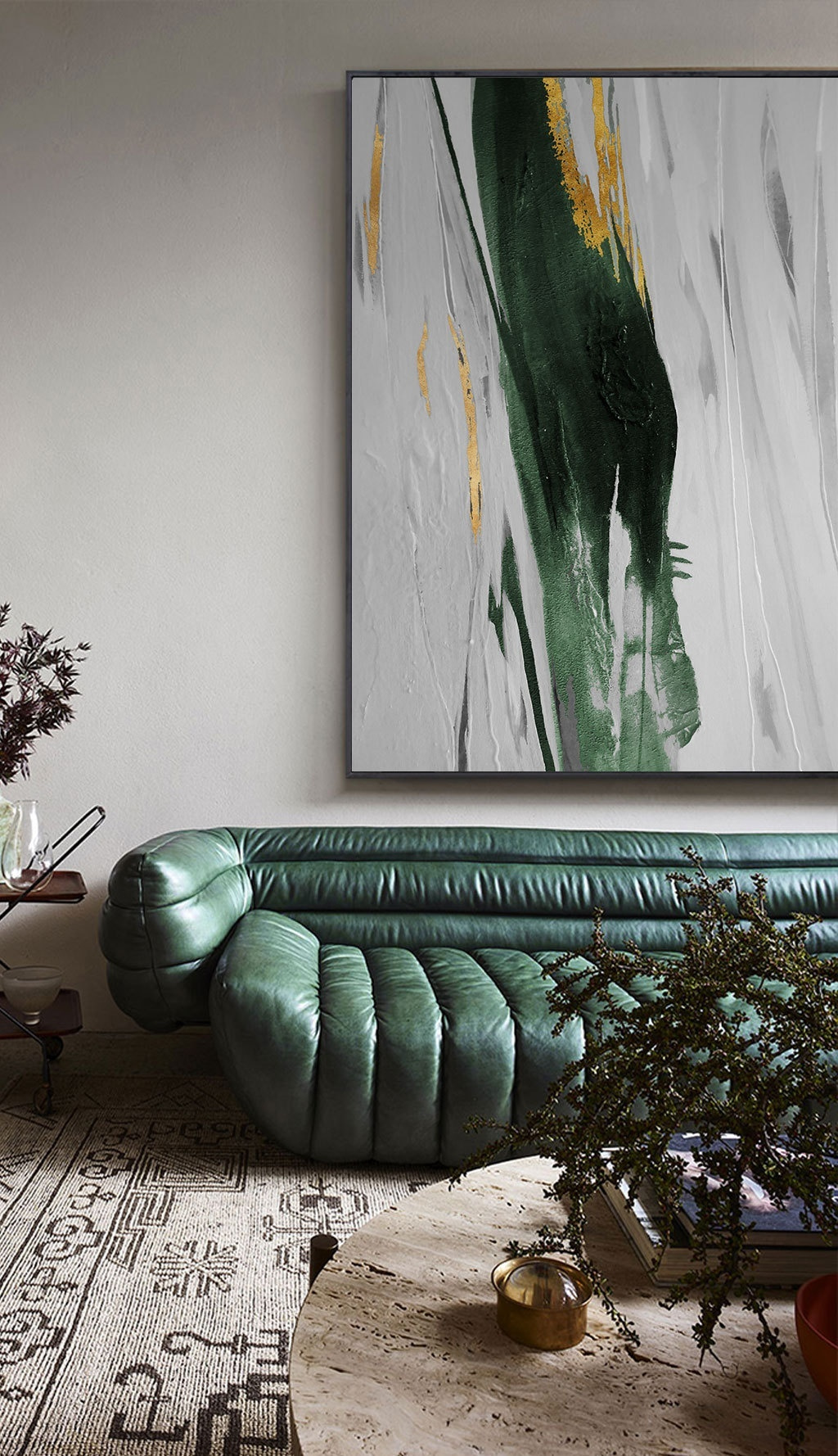 Emerald strokes on textured canvas