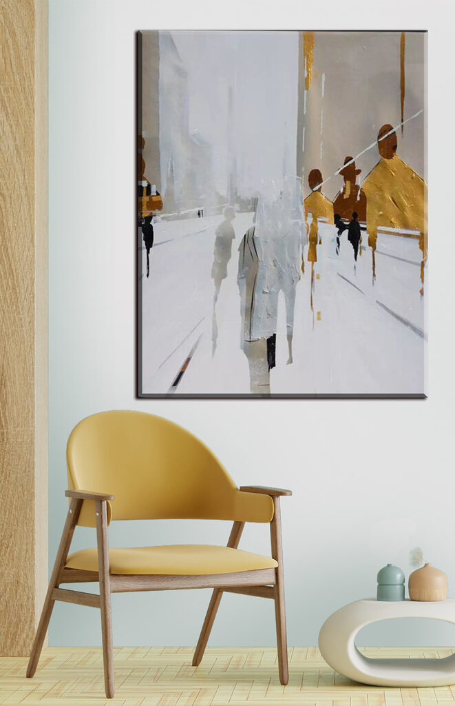 A painting of people walking on a snowy street