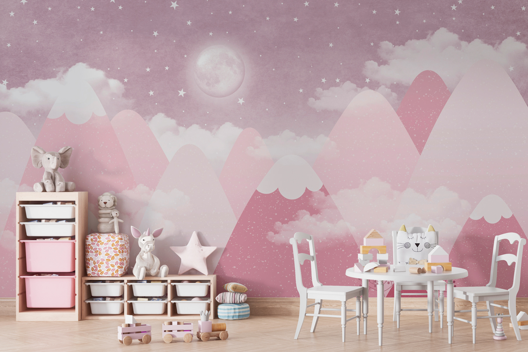 A moon and clouds over mountains