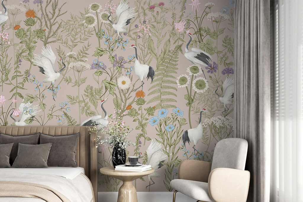A wallpaper with birds and plants