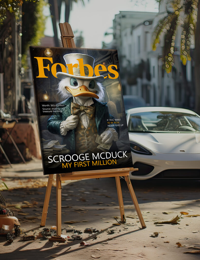 A duck wearing a suit and a bow tie holding money